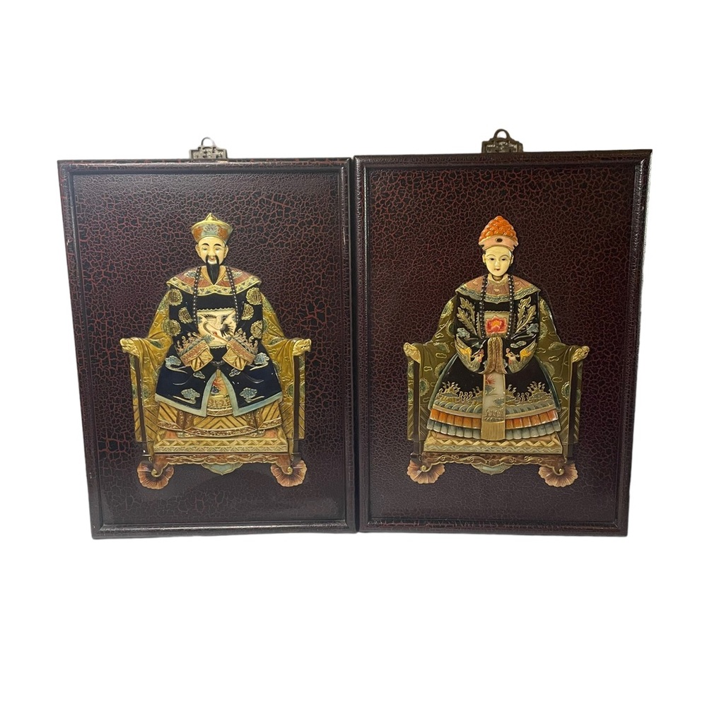 Vintage Chinese Emperor & Empress Raised Carvings on wood with Stone